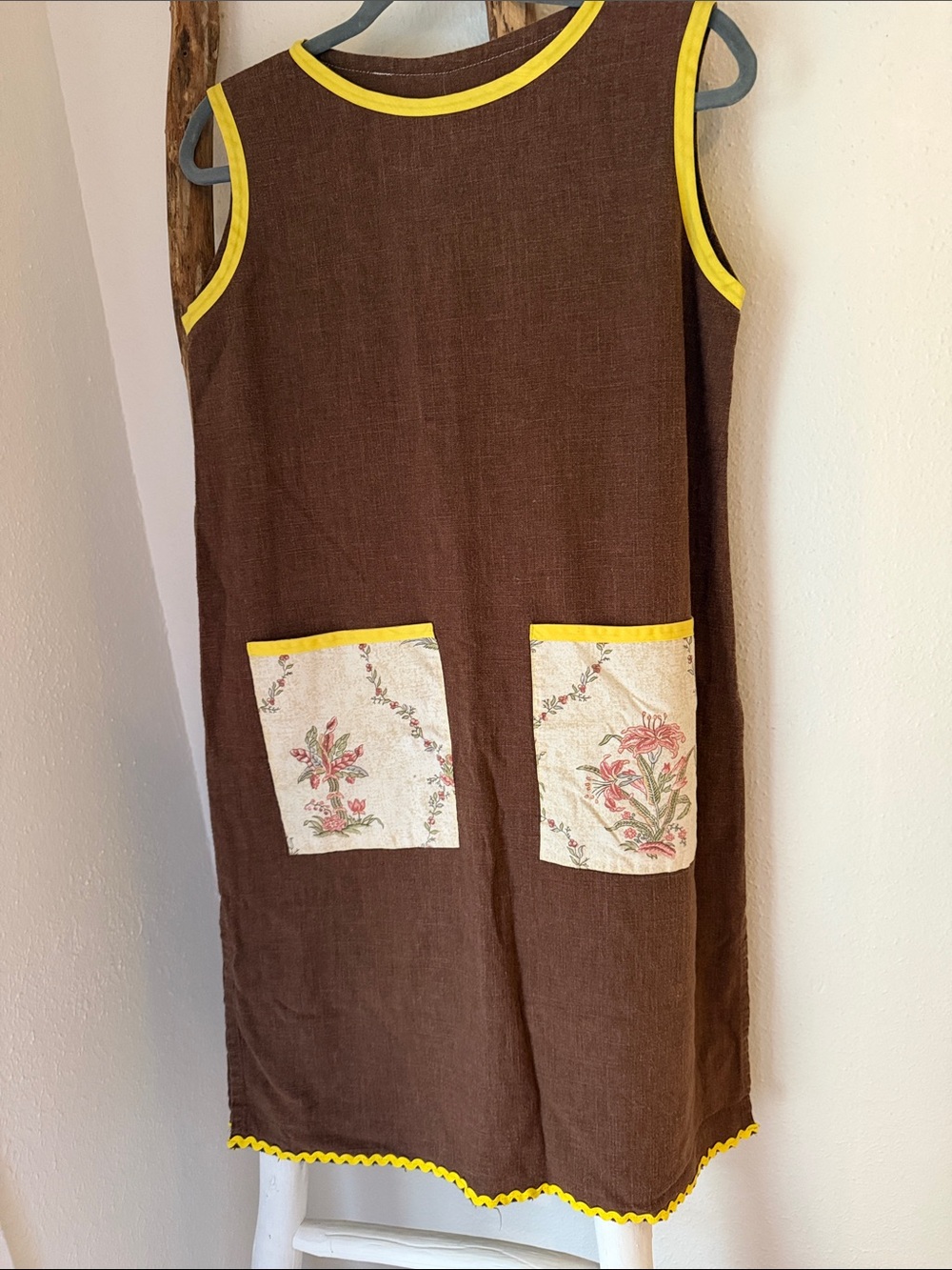 Vintage 70sHandmade Brown Sleeveless Midi Dress Yellow Trim Floral Patch Pockets